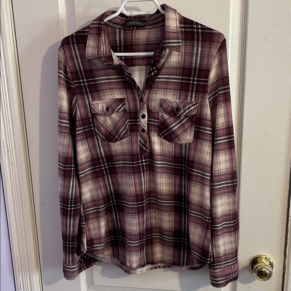 Suzy Shier Burgundy Plaid Women's Top